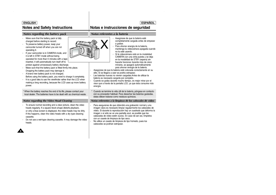 Samsung SCD103 manual Notas e instrucciones de seguridad, Notas referentes a la batería 