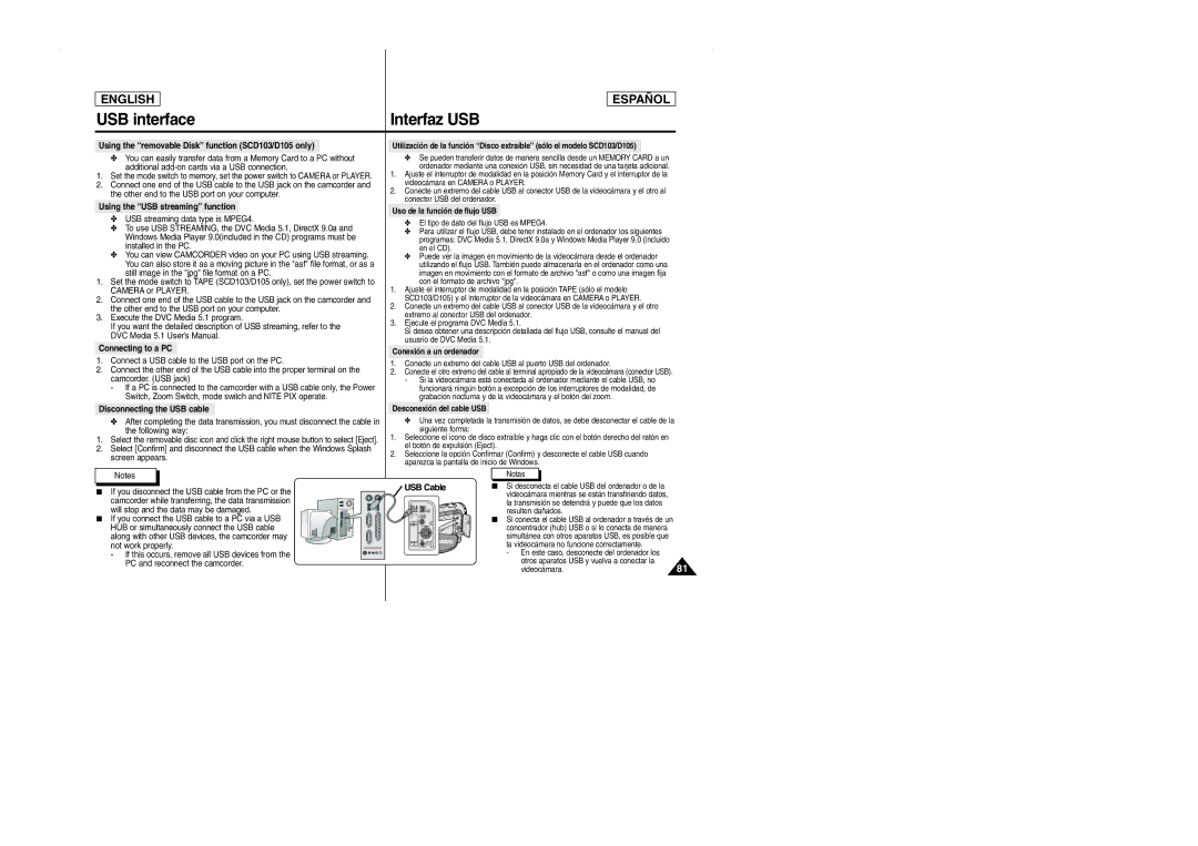 Samsung SCD103 manual USB interface, Interfaz USB 