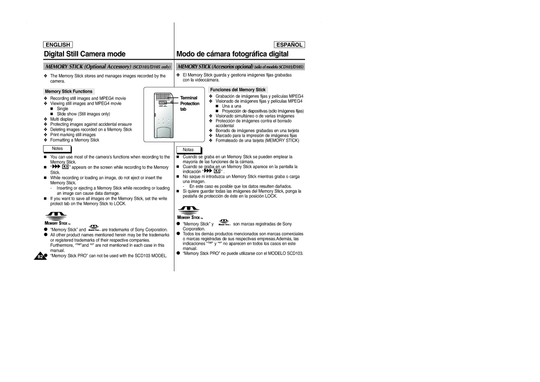 Samsung manual Memory Stick Optional Accessory SCD103/D105 only, Memory Stick Functions, Manual 