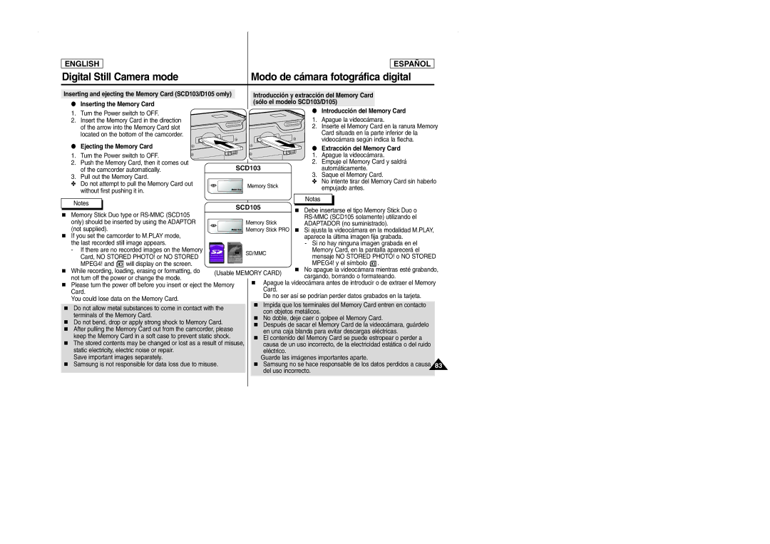 Samsung Inserting the Memory Card Sólo el modelo SCD103/D105, Introducción del Memory Card, Ejecting the Memory Card 