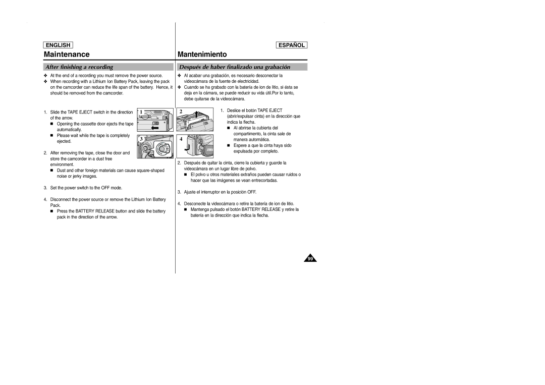 Samsung SCD103 manual Mantenimiento, After finishing a recording, Después de haber finalizado una grabación, Arrow 