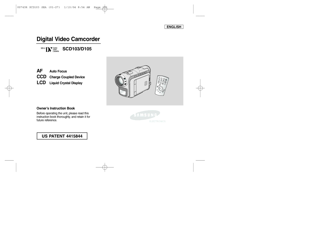 Samsung SCD103/215 manual Digital Video Camcorder 