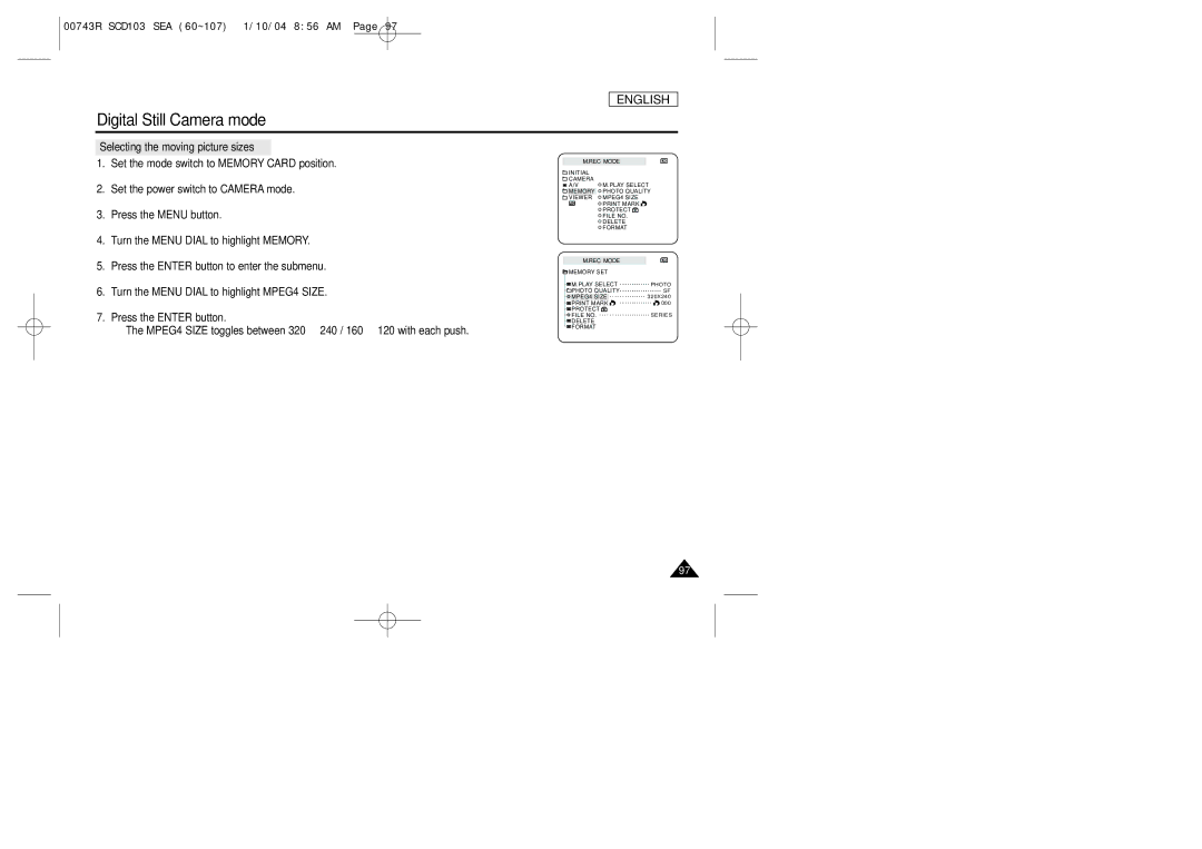 Samsung SCD103/215 manual Selecting the moving picture sizes 