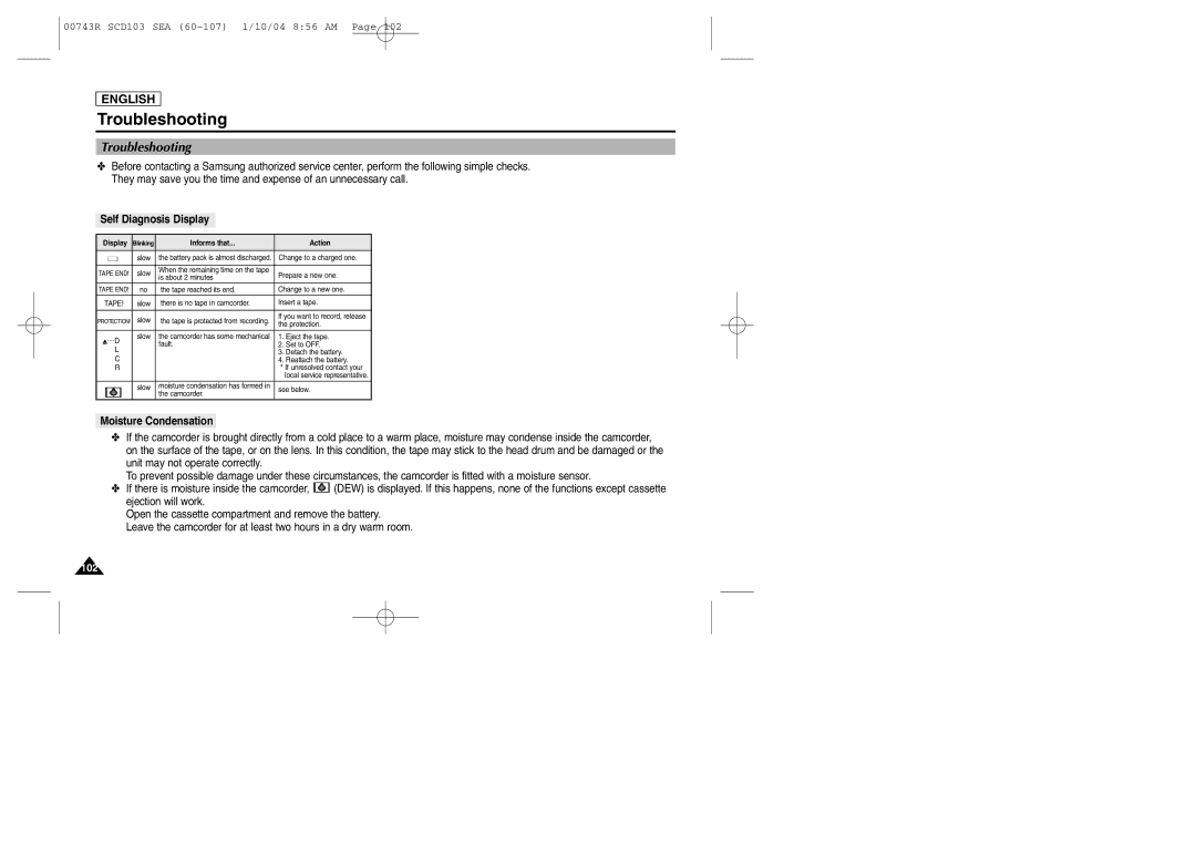 Samsung SCD103/215 manual Troubleshooting, Self Diagnosis Display, Moisture Condensation 