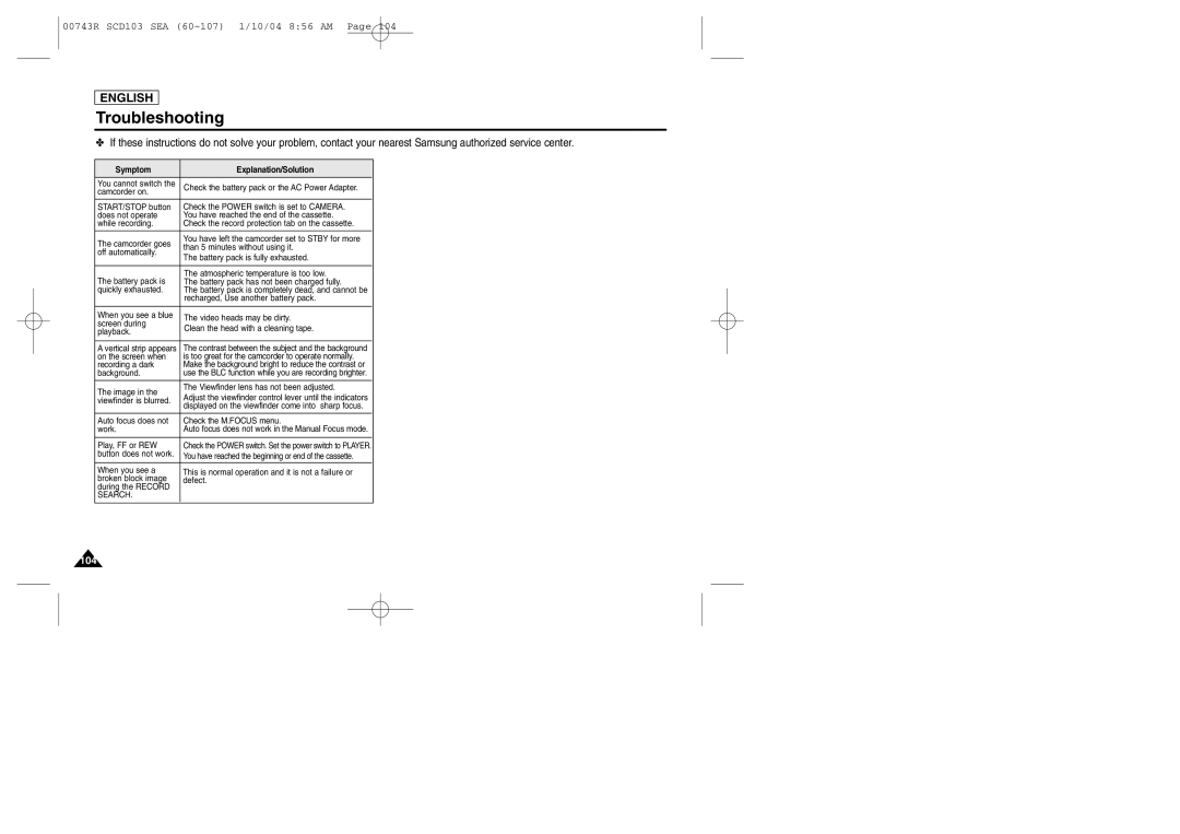 Samsung SCD103/215 manual 104 