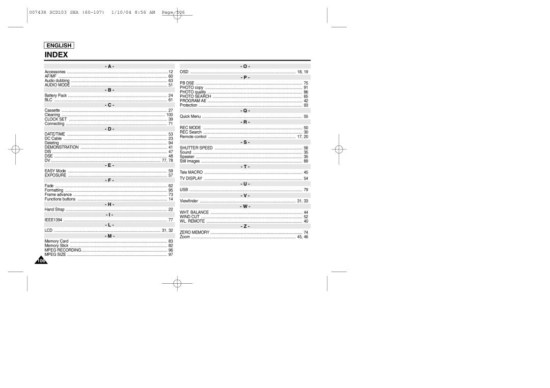 Samsung SCD103/215 manual Index 