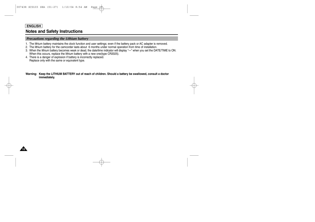 Samsung SCD103/215 manual Precautions regarding the Lithium battery 