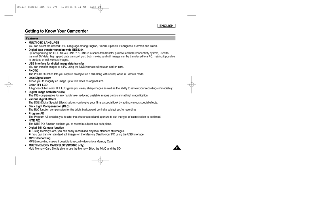 Samsung SCD103/215 manual Features, Multi OSD Language, Photo, Nite PIX 