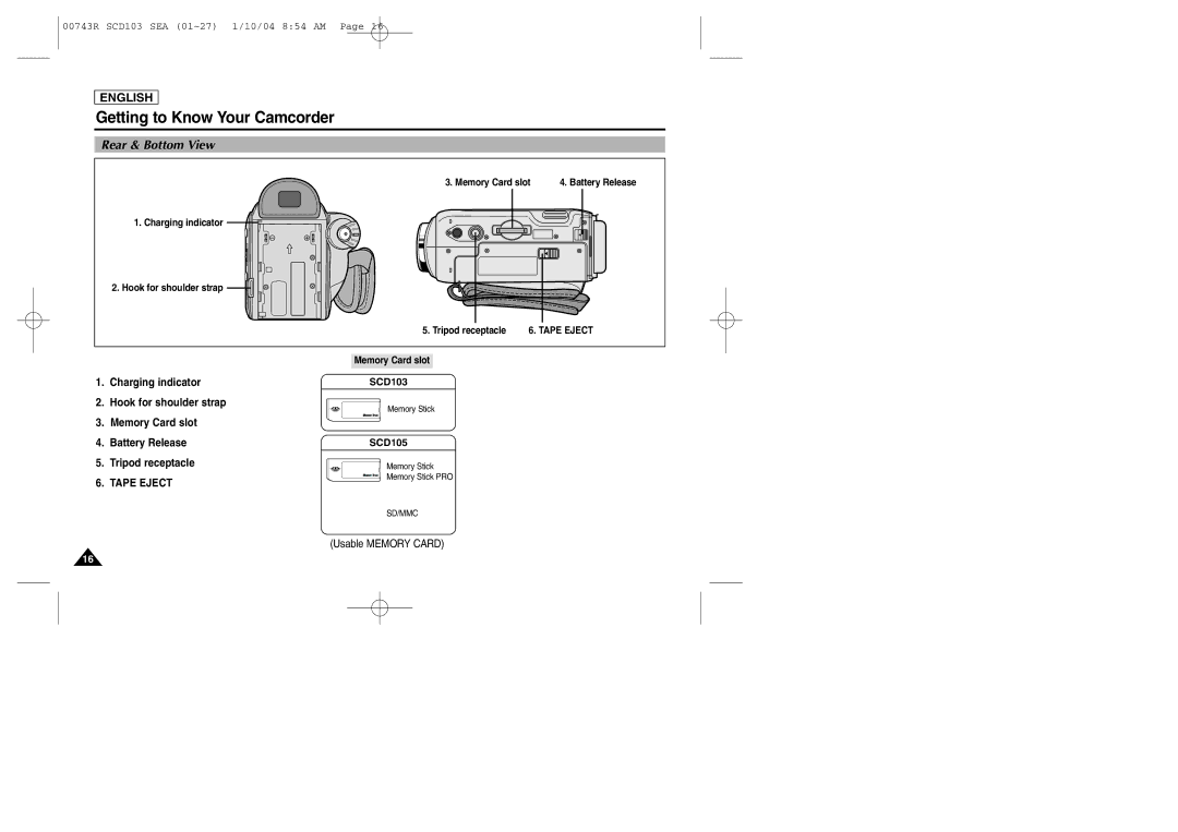 Samsung SCD103/215 manual Rear & Bottom View, Tape Eject, SCD105 