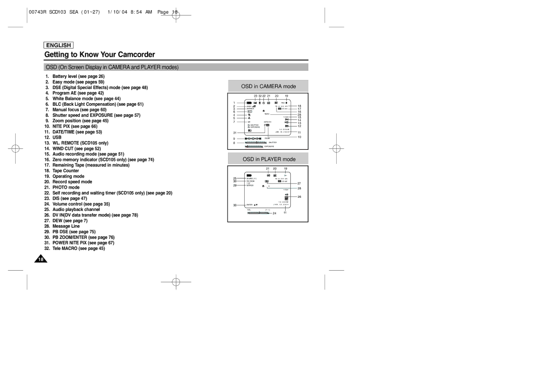 Samsung SCD103/215 manual OSD On Screen Display in Camera and Player modes 