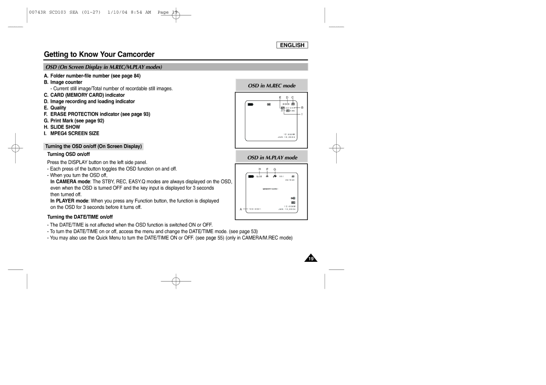 Samsung SCD103/215 manual Folder number-file number see Image counter, Slide Show MPEG4 Screen Size, Turning OSD on/off 