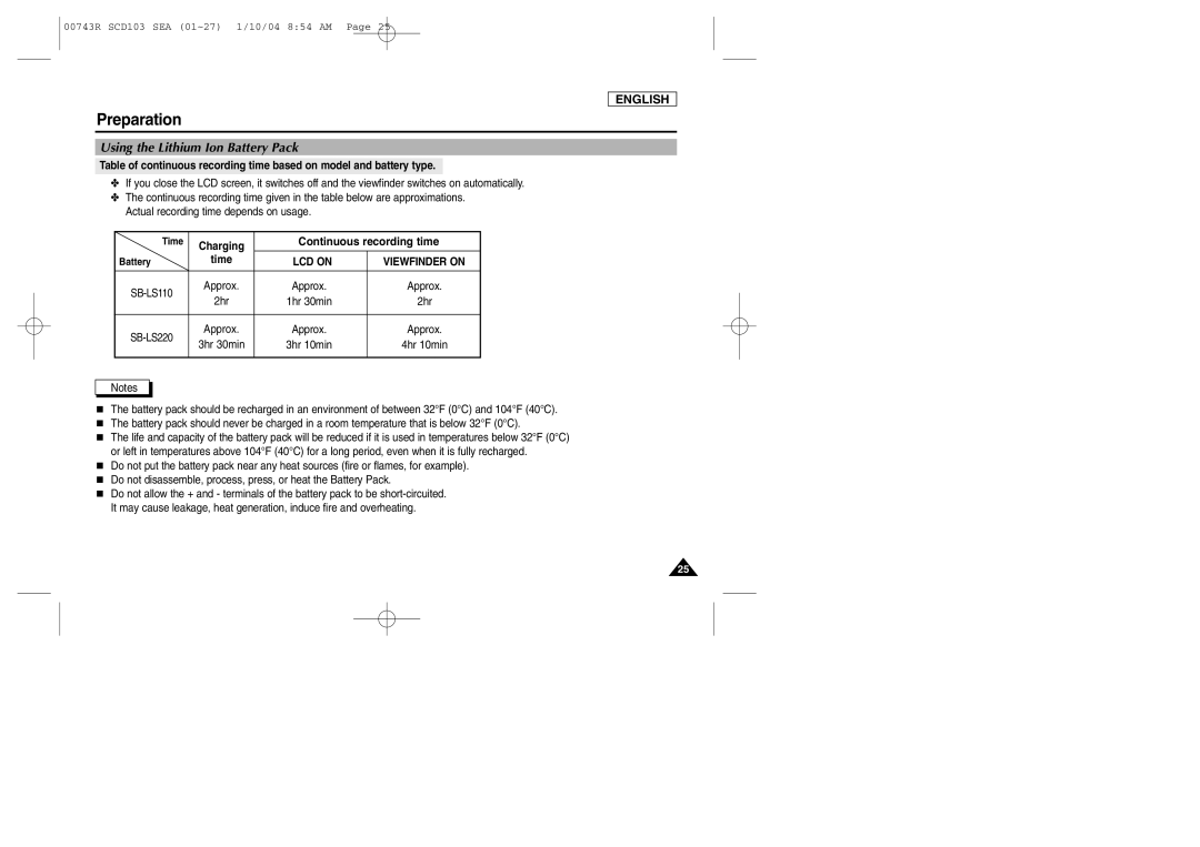 Samsung SCD103/215 manual Continuous recording time, LCD on 