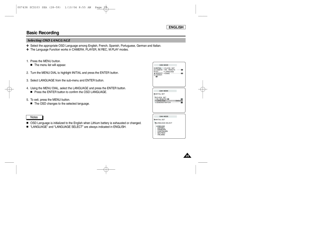 Samsung SCD103/215 manual Selecting OSD Language 