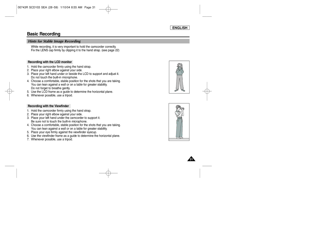 Samsung SCD103/215 manual Hints for Stable Image Recording, Recording with the LCD monitor, Recording with the Viewfinder 