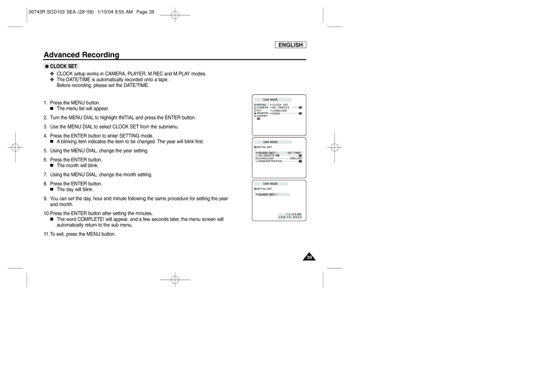 Samsung SCD103/215 manual Clock SET, Clock setup works in CAMERA, PLAYER, M.REC and M.PLAY modes 