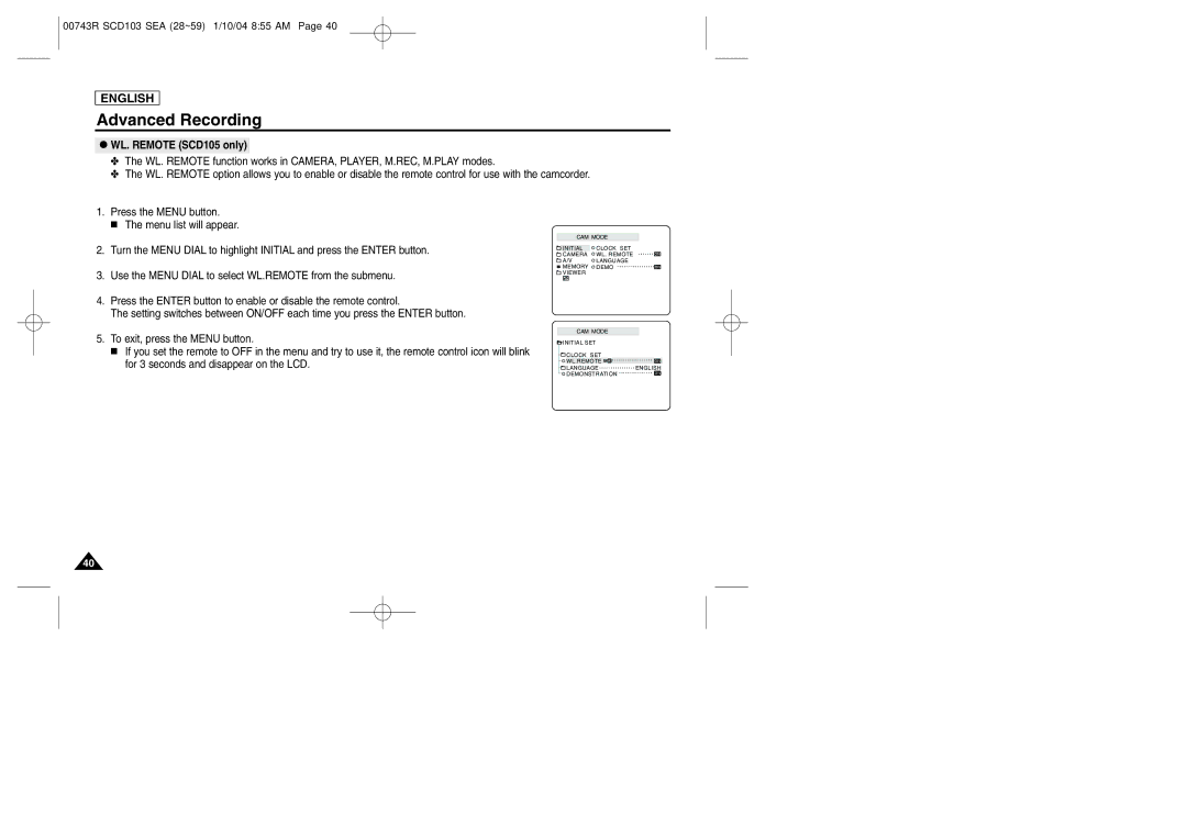 Samsung SCD103/215 manual WL. Remote SCD105 only 