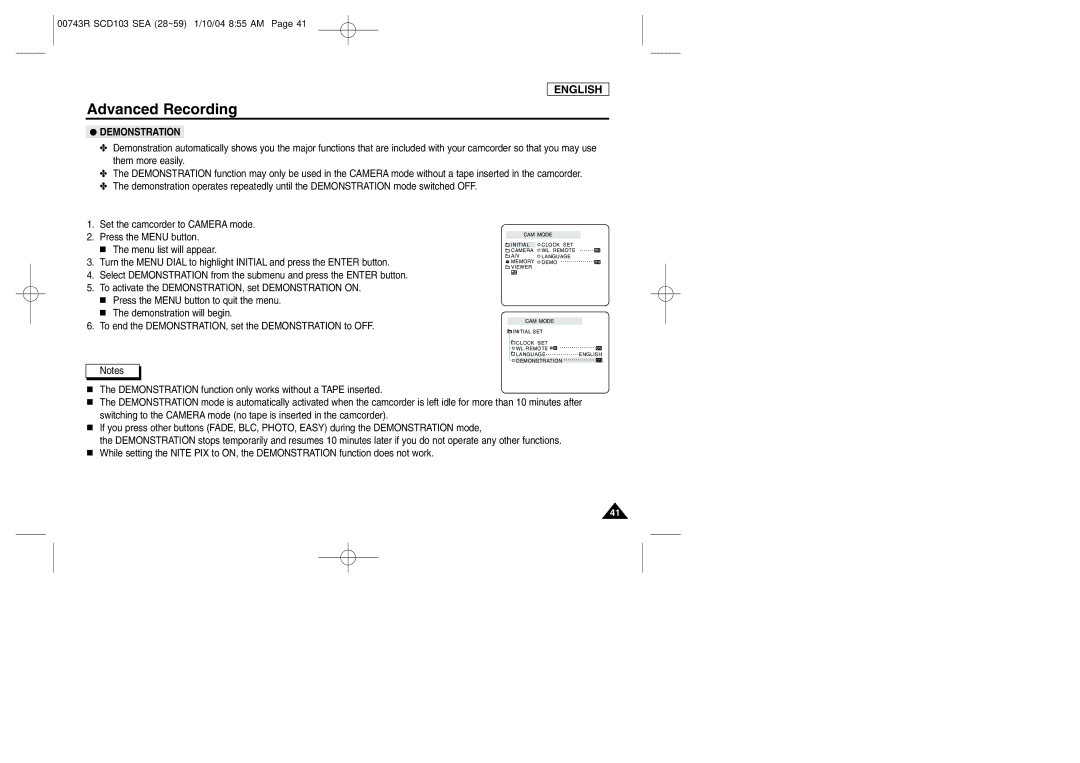 Samsung SCD103/215 manual Demonstration 