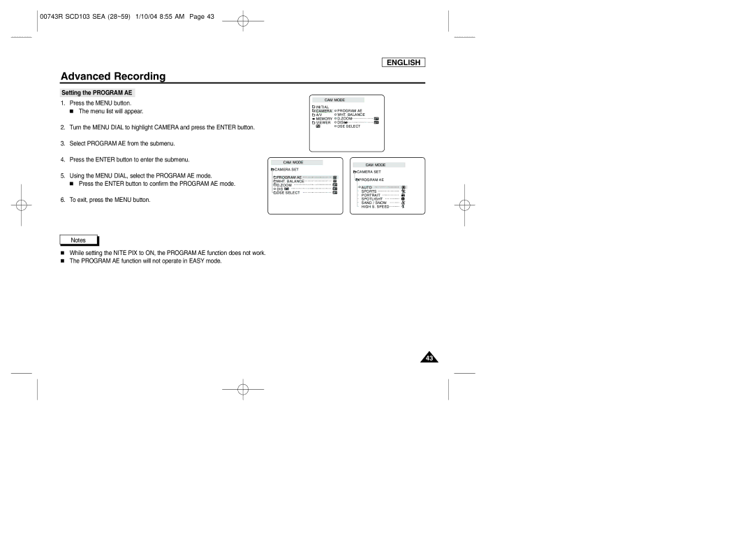 Samsung SCD103/215 manual Setting the Program AE 