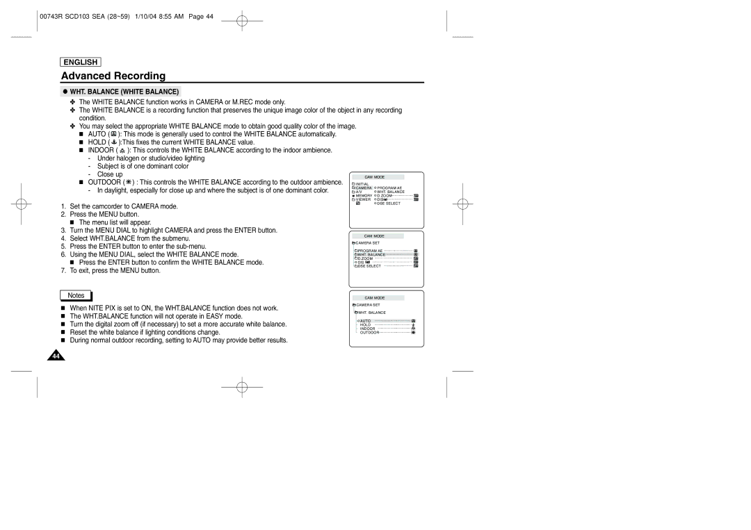 Samsung SCD103/215 manual WHT. Balance White Balance 