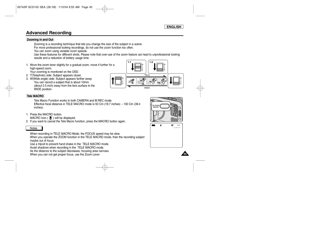 Samsung SCD103/215 manual Zooming In and Out, Tele Macro 