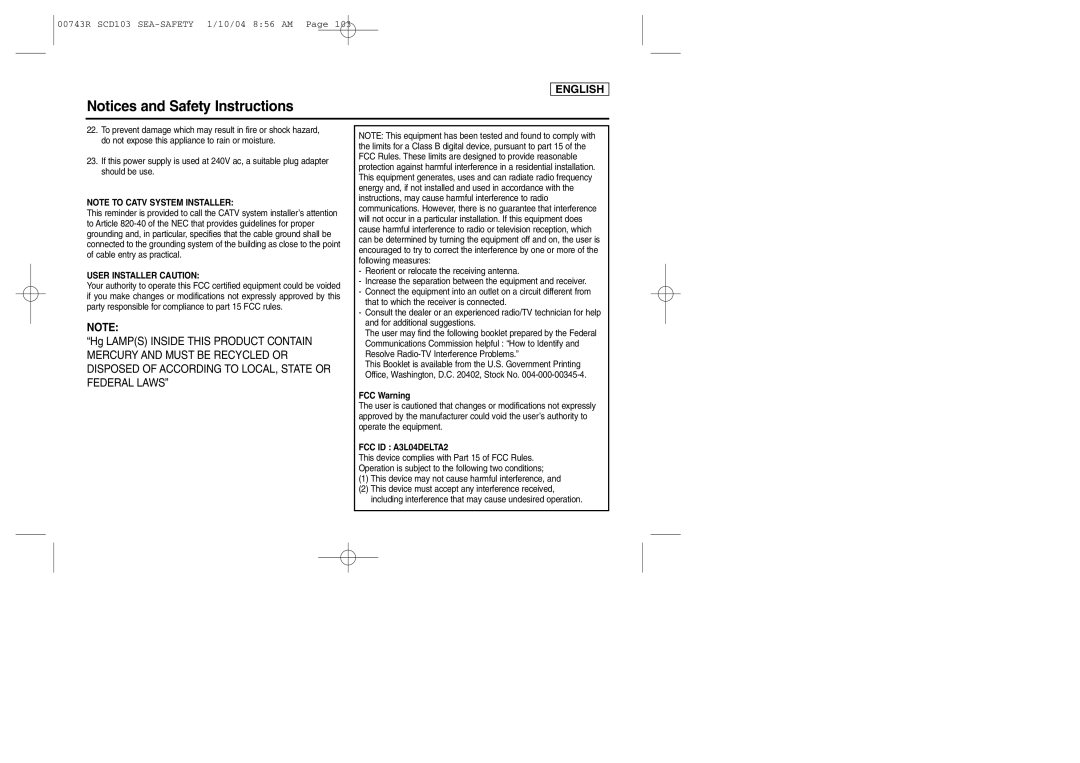 Samsung SCD103/215 manual User Installer Caution 