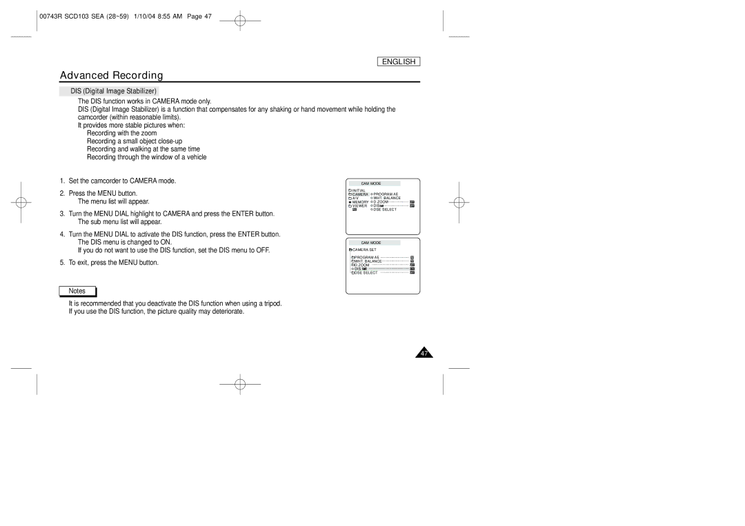 Samsung SCD103/215 manual DIS Digital Image Stabilizer 