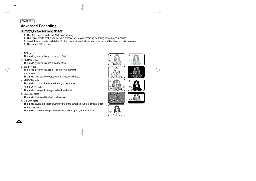 Samsung SCD103/215 manual DSEDigital Special Effects Select 