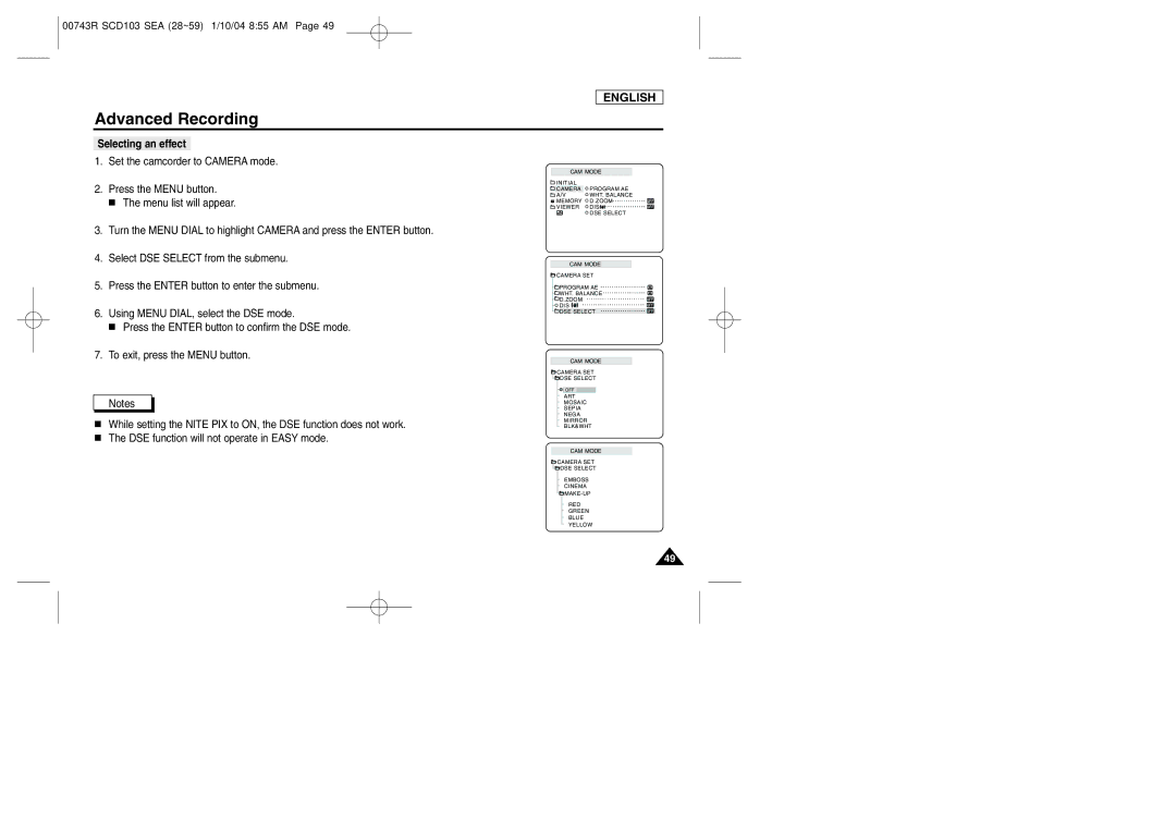 Samsung SCD103/215 manual Selecting an effect 