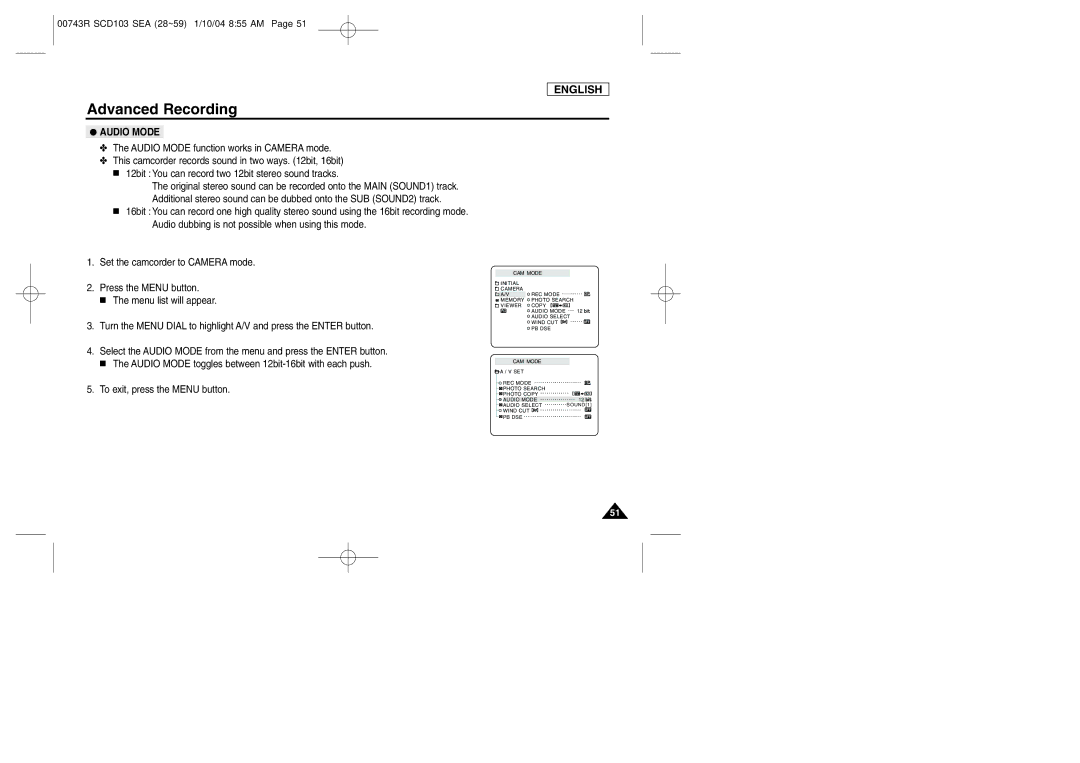 Samsung SCD103/215 manual Audio Mode 