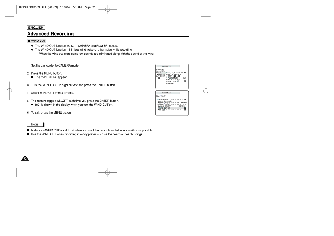 Samsung SCD103/215 manual Wind CUT 