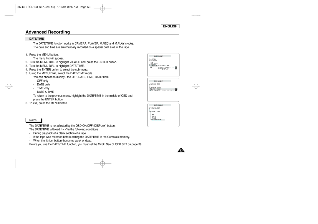 Samsung SCD103/215 manual Date/Time, Date & Time 