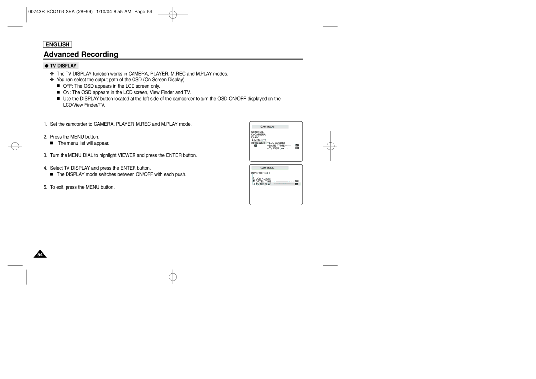 Samsung SCD103/215 manual TV Display 