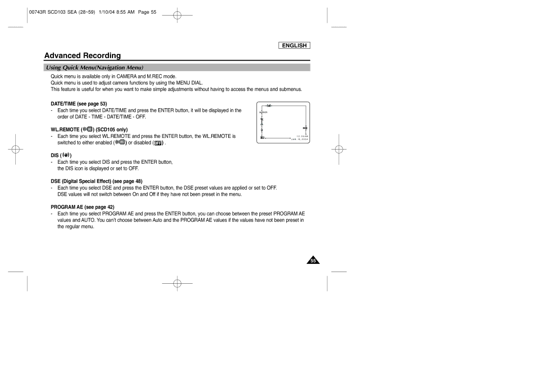 Samsung SCD103/215 manual Using Quick MenuNavigation Menu, Wl.Remote 