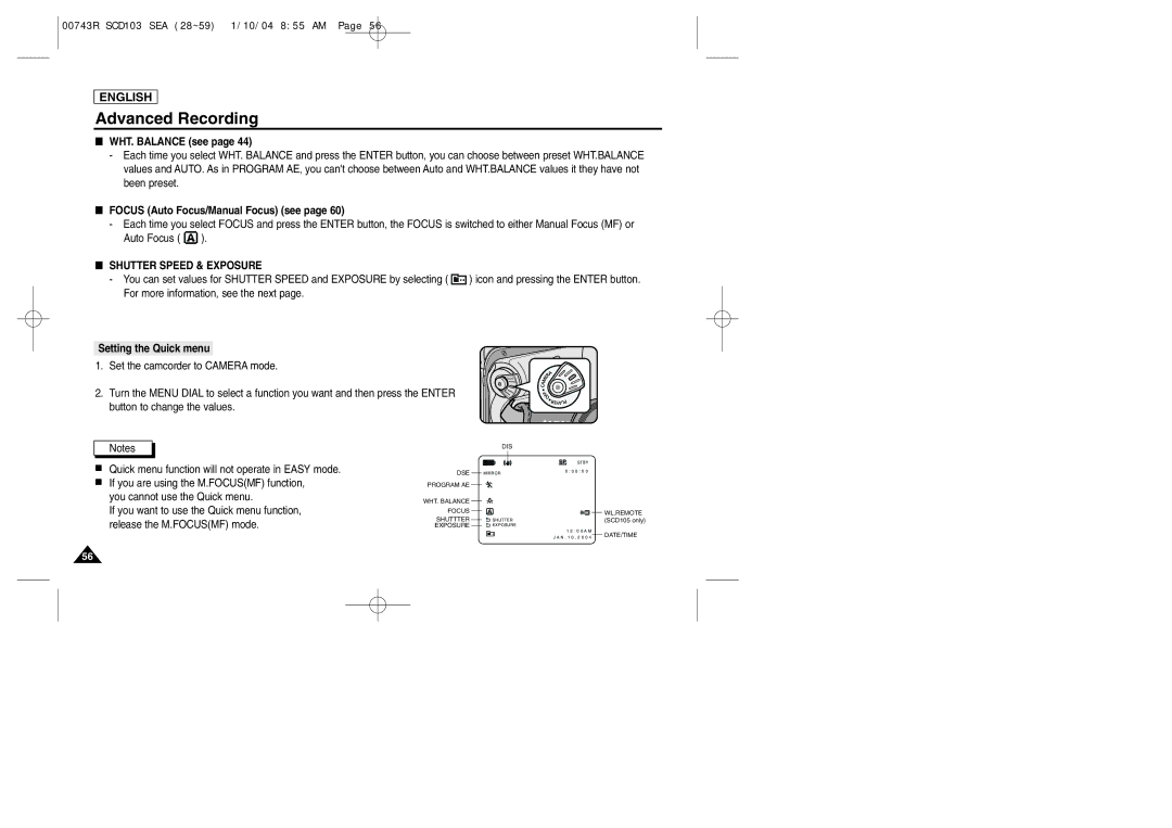 Samsung SCD103/215 WHT. Balance see, Focus Auto Focus/Manual Focus see, Shutter Speed & Exposure, Setting the Quick menu 