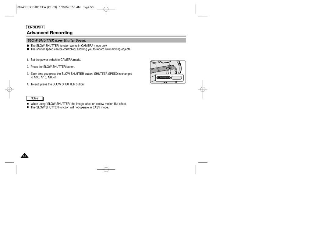 Samsung SCD103/215 manual Slow Shutter Low Shutter Speed 