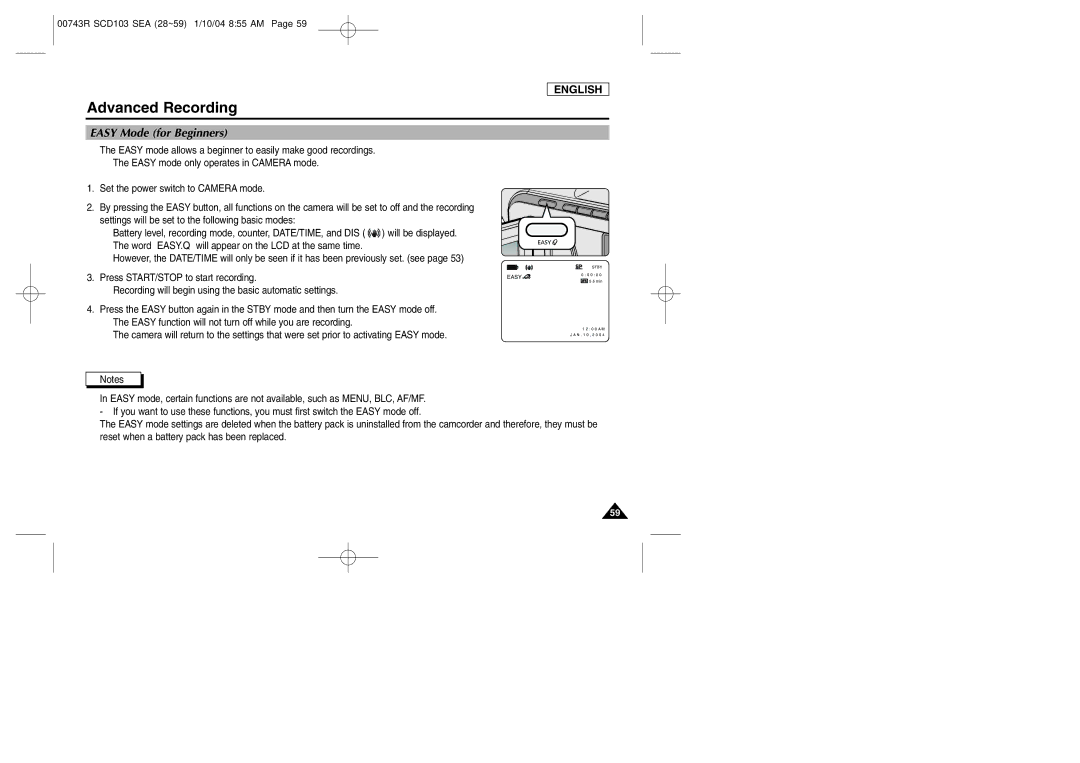 Samsung SCD103/215 manual Easy Mode for Beginners 