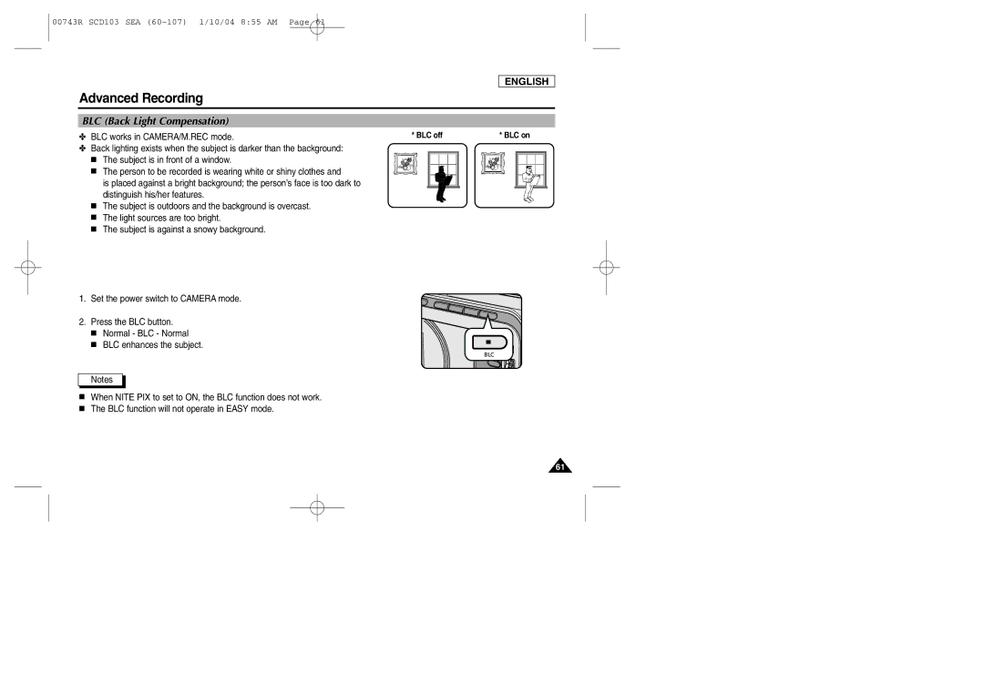 Samsung SCD103/215 manual BLC Back Light Compensation, BLC works in CAMERA/M.REC mode 