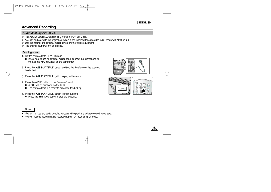 Samsung SCD103/215 manual Audio dubbing SCD105 only, Dubbing sound 