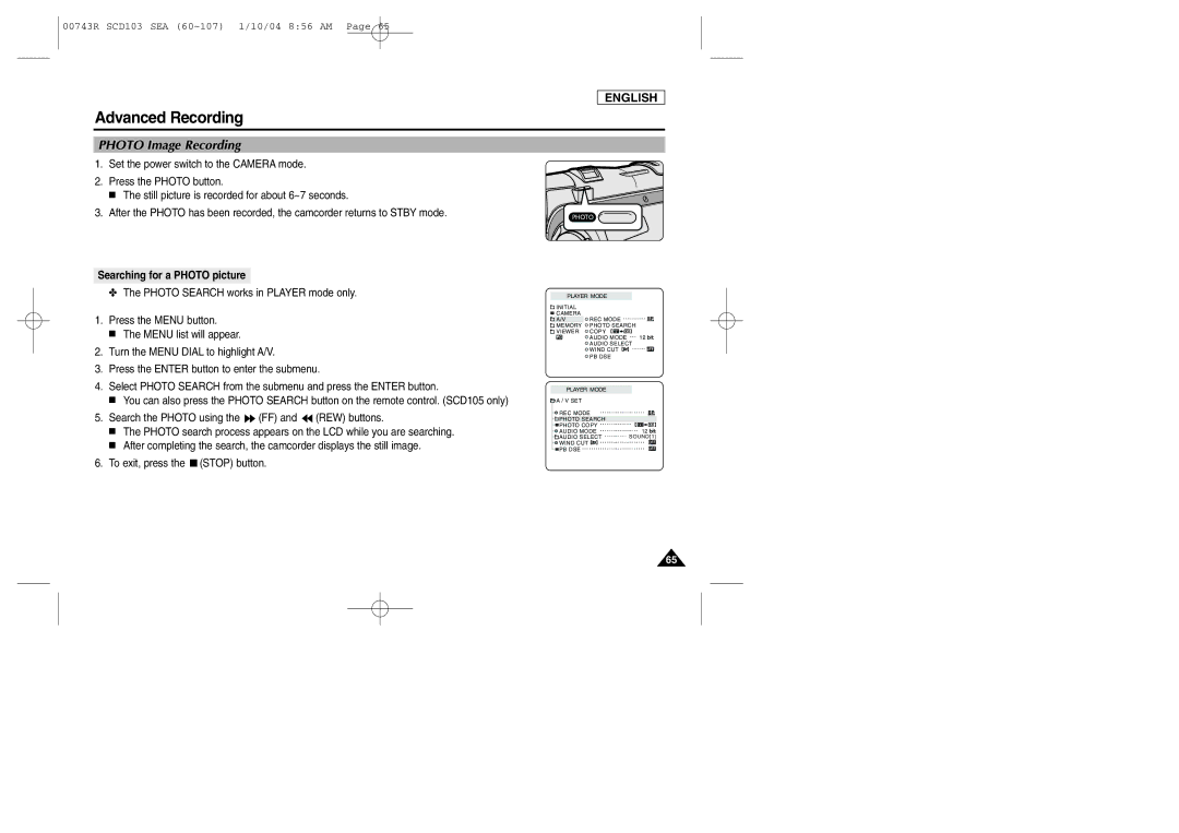 Samsung SCD103/215 manual Photo Image Recording, Searching for a Photo picture 