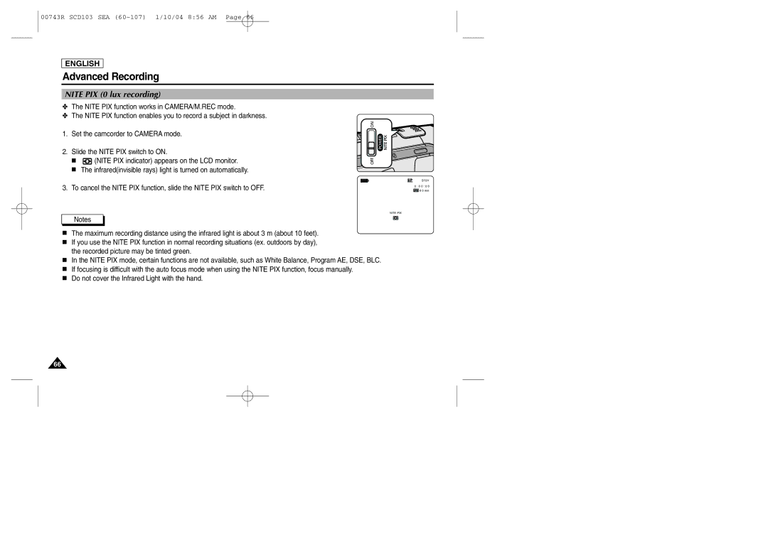 Samsung SCD103/215 manual Nite PIX 0 lux recording 