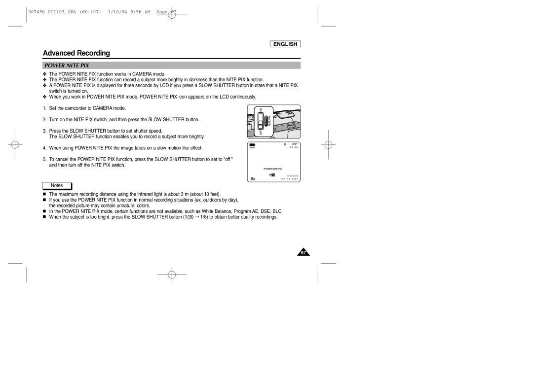 Samsung SCD103/215 manual Power Nite PIX 