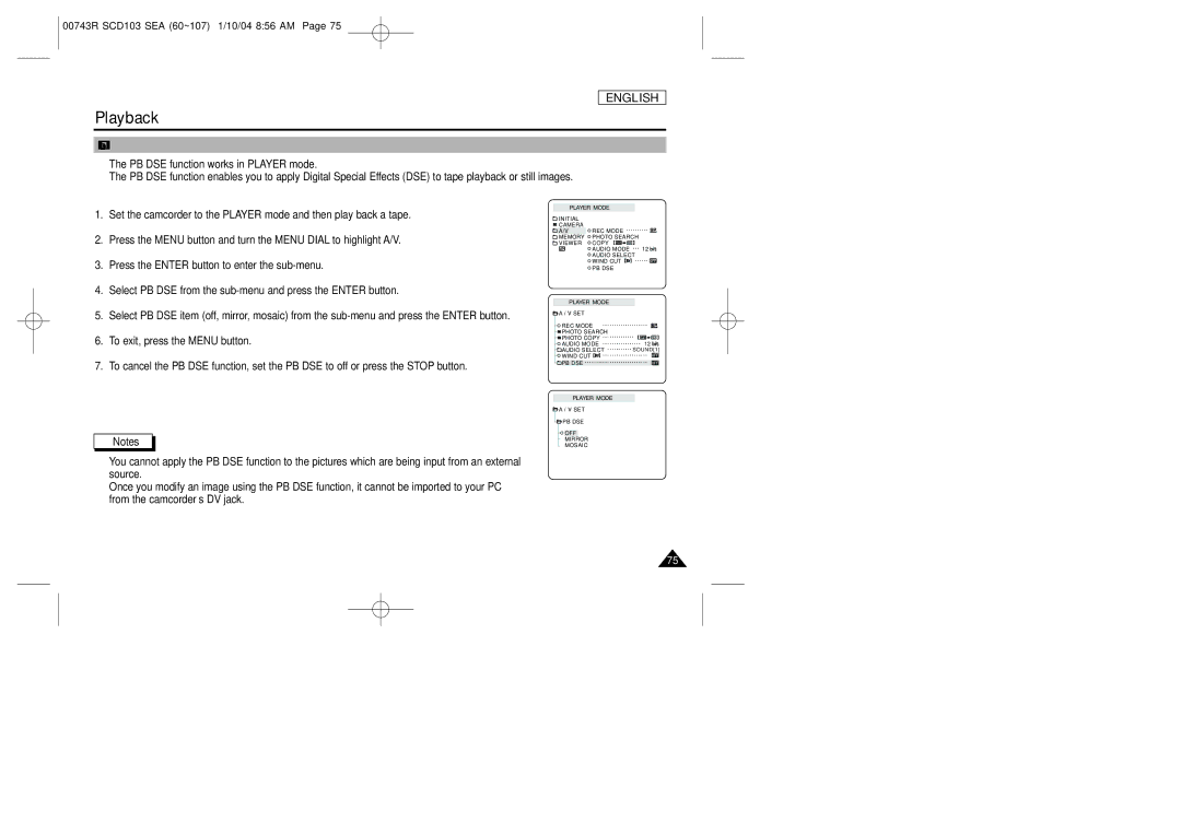 Samsung SCD103/215 manual PB DSE Playback Digital Special Effects 