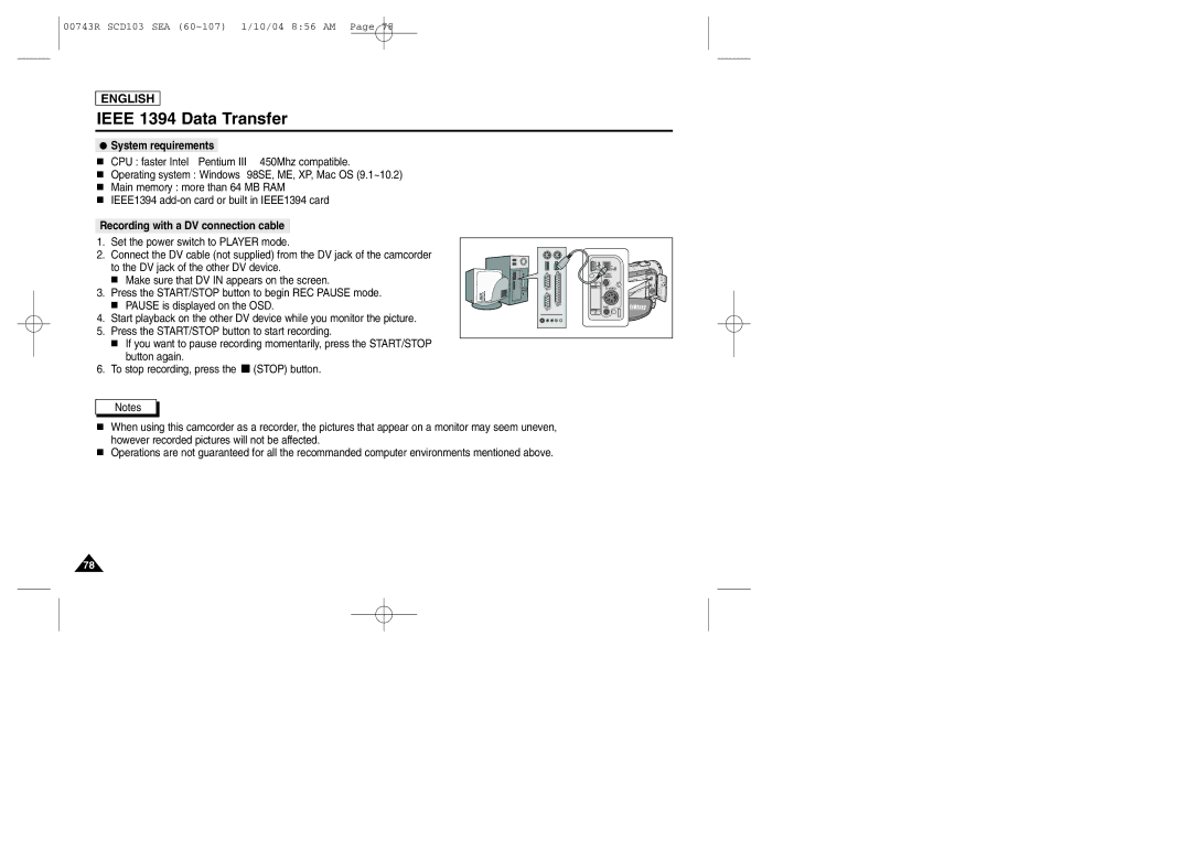 Samsung SCD103/215 manual System requirements, Recording with a DV connection cable 