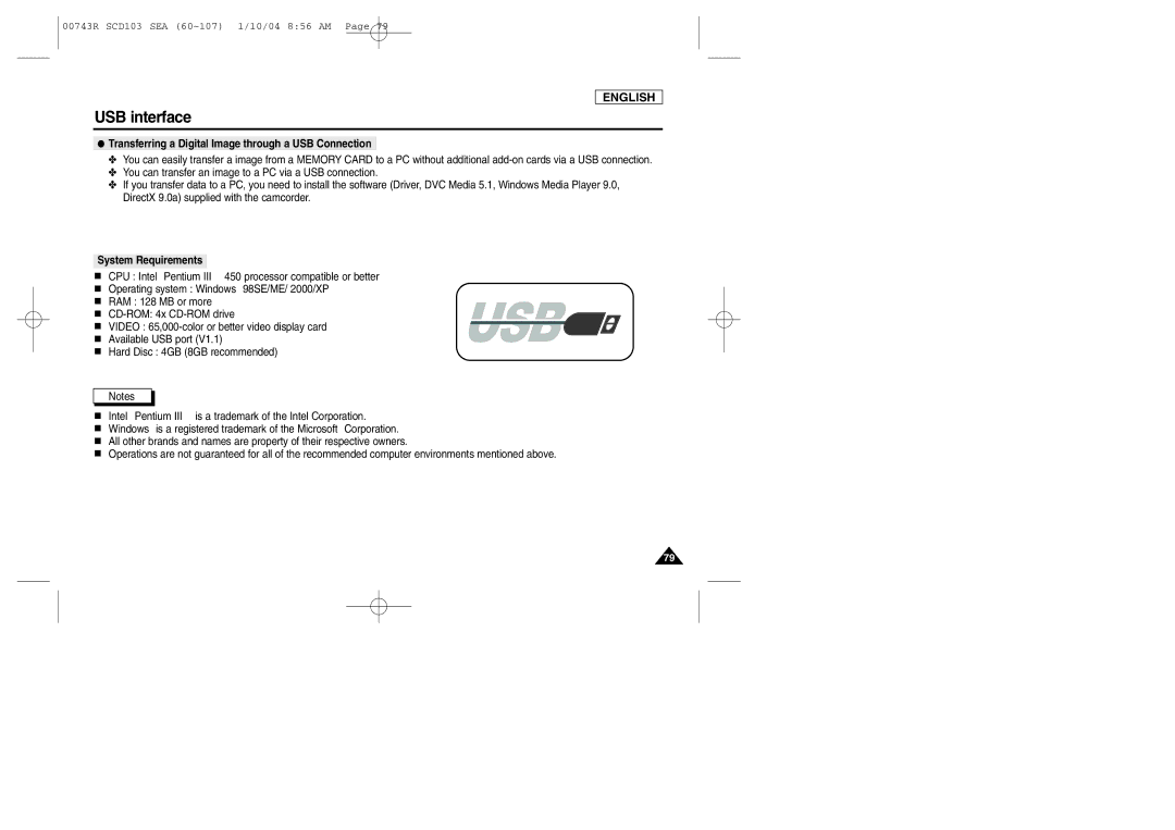 Samsung SCD103/215 manual USB interface, Transferring a Digital Image through a USB Connection 