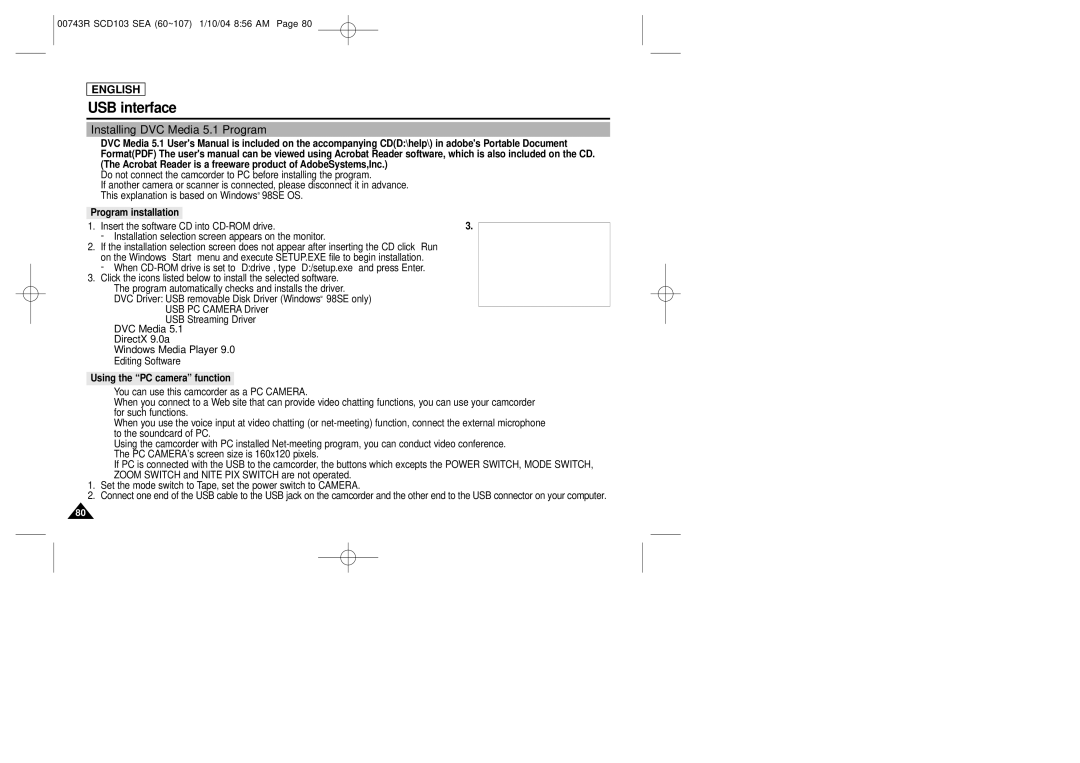 Samsung SCD103/215 manual Installing DVC Media 5.1 Program, Program installation, Using the PC camera function 