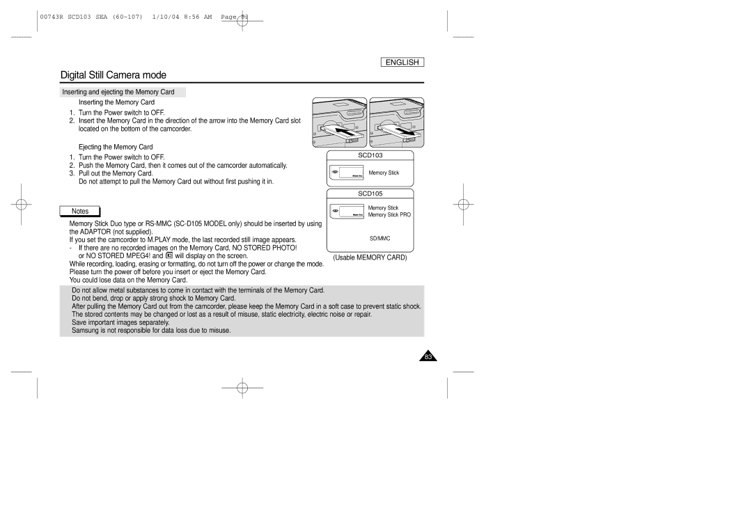 Samsung SCD103/215 manual Ejecting the Memory Card, Or no Stored MPEG4! and will display on the screen 