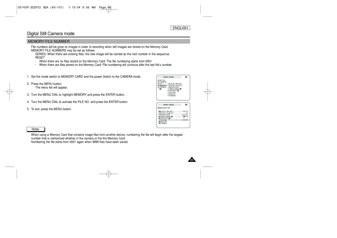 Samsung SCD103/215 manual Memory File Number 