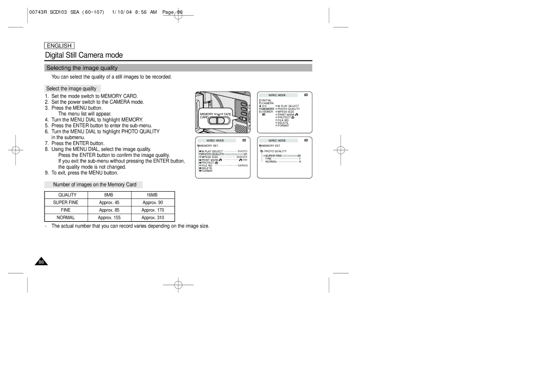 Samsung SCD103/215 manual Selecting the image quality, Select the image quality, Number of images on the Memory Card 