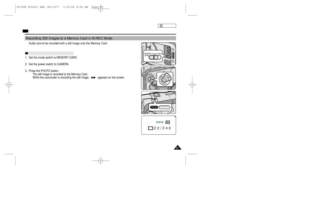 Samsung SCD103/215 manual Recording Still images to a Memory Card in M.REC Mode, Recording images to a Memory Card 