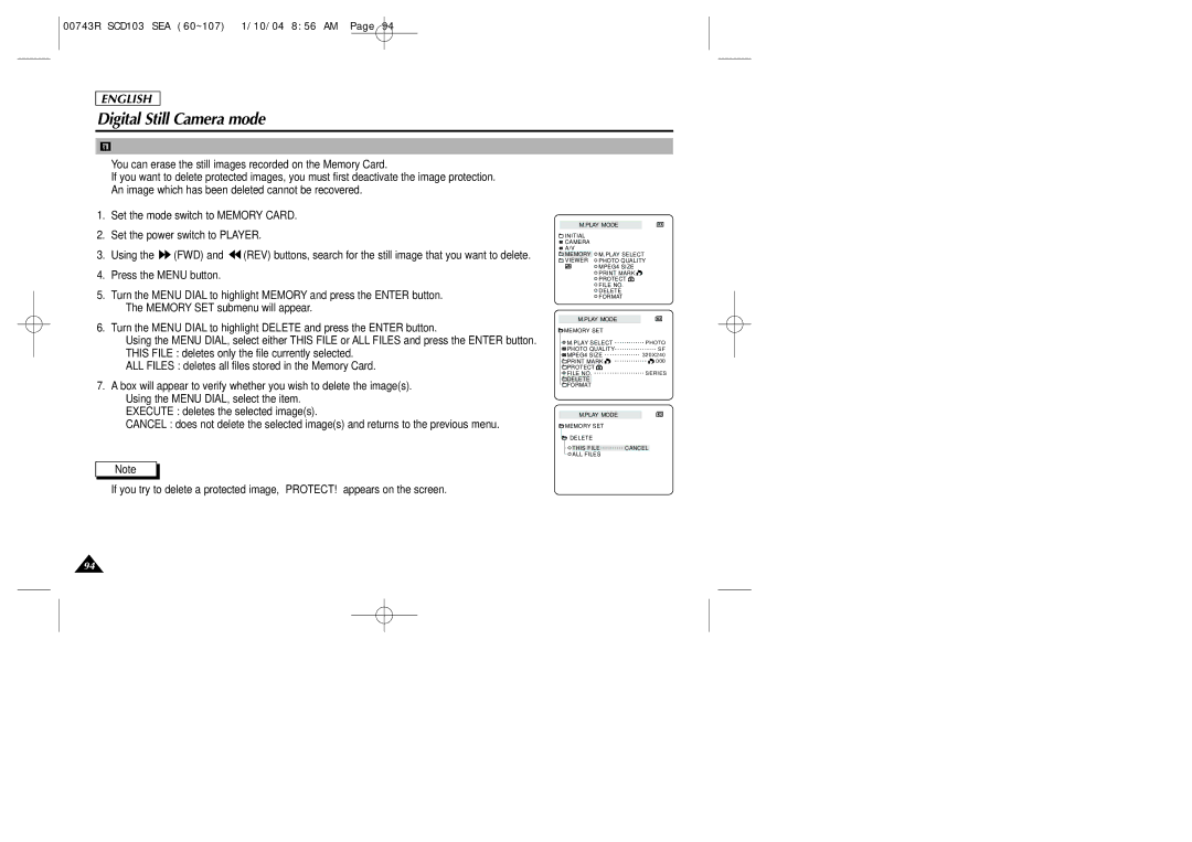 Samsung SCD103/215 manual Deleting Still images 